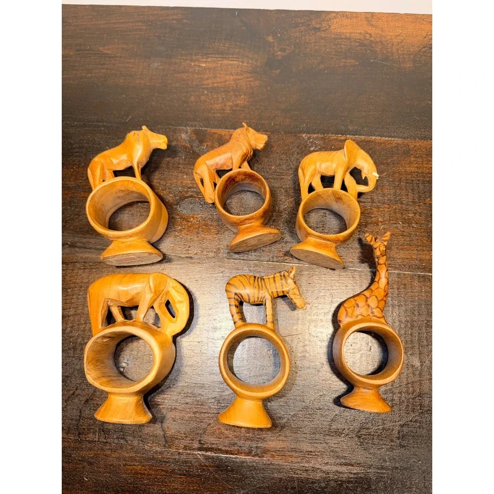 6 Hand Carved Wooden Africa Kenya‎ Safari Animal Napkin Rings